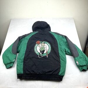 Vintage 90s Boston Celtics Logo Athletic NBA Puffer Jacket Hooded XL READ